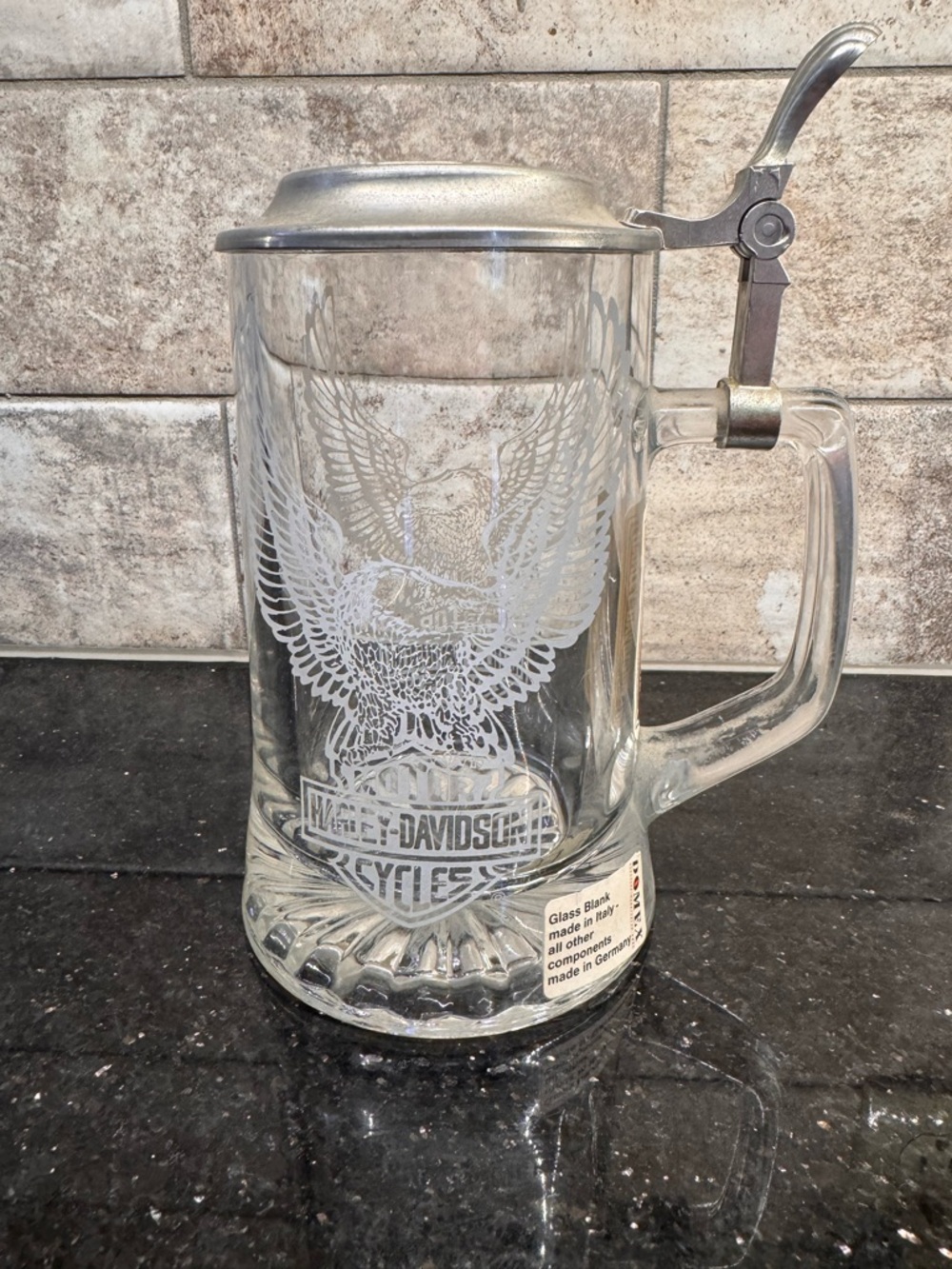 Vintage Harley-Davidson Clear Glass Stein with Pewter Lid and Etched Eagle
